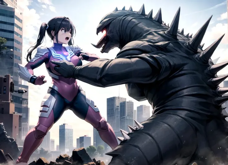 absurdres, highres, extremely detailed CG unreal engine 8k, best quality, ((dynamic), detailed fingers, detailed hands, detailed face), all intricate, from side, detailed (ruined buildings) behind, (destroyed buildings, skyscraper), rubble, debris, BREAK
1girl, beautiful detailed 1 girl, (Ultragirl:1.0), ultraman (red :0.6) bodysuit, huge breasts, full body, (angry face :1.2), twintail, (fighting stance), standing, outside, looking at right, screaming BREAK
Godzilla (attacking :1.2), (battle with monster, combat with monster, fighting), long tail, spikes, rampaging, looking at left
<lora:Godzilla-10:0.8> <lora:Ultragirl-LoRA9-4-000004:1>