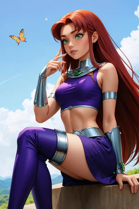 masterpiece, best quality, butterfly sitting, <lora:starfire-guy-v2:.95> starfire, orange skin, red hair, gorget, crop top, armlet, vambraces, midriff, skirt, purple skirt, thigh boots, bored