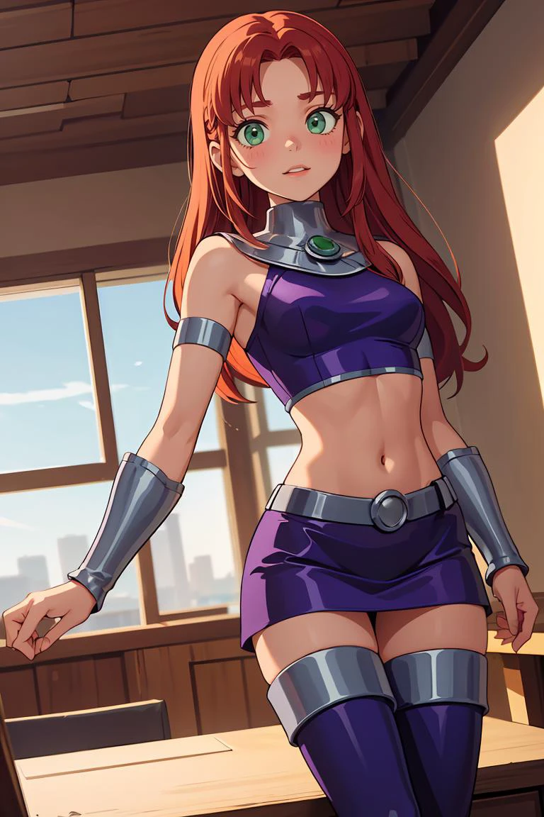 (masterpiece, best quality), 1girl, <lora:starfire-guy-v2:0.8> starfire, orange skin, red hair, gorget, crop top, armlet, vambraces, midriff, skirt, purple skirt, thigh boots