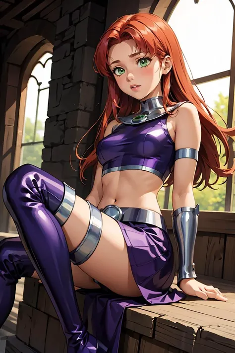 (masterpiece, best quality), 1girl, <lora:starfire-guy-v2:0.8> starfire, orange skin, red hair, gorget, crop top, armlet, vambraces, midriff, skirt, purple skirt, thigh boots