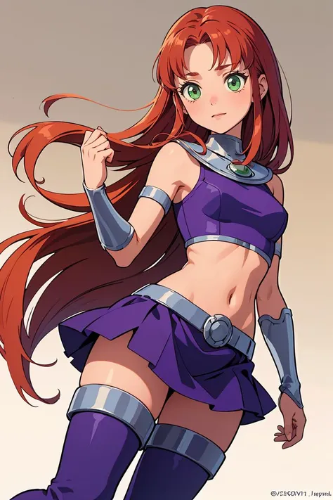 (masterpiece, best quality), 1girl, <lora:starfire-guy-v2:0.8> starfire, orange skin, red hair, gorget, crop top, armlet, vambraces, midriff, skirt, purple skirt, thigh boots