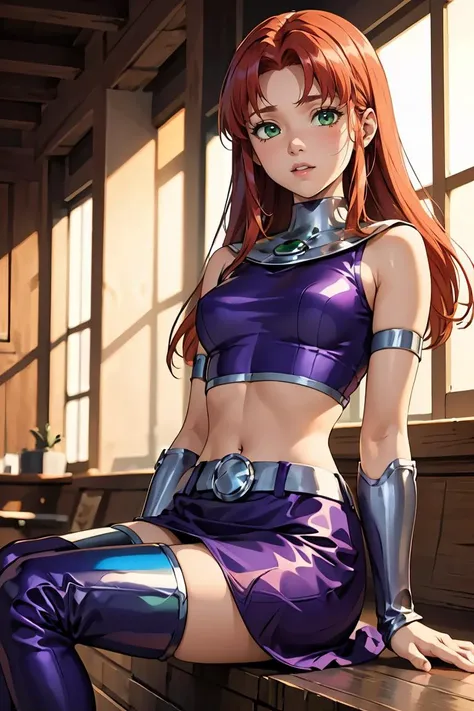 (masterpiece, best quality), 1girl, <lora:starfire-guy-v2:0.8> starfire, orange skin, red hair, gorget, crop top, armlet, vambraces, midriff, skirt, purple skirt, thigh boots