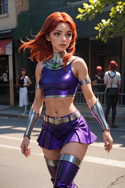 (masterpiece, best quality), 1girl, <lora:starfire-guy-v2:0.8> starfire, orange skin, red hair, gorget, crop top, armlet, vambraces, midriff, skirt, purple skirt, thigh boots