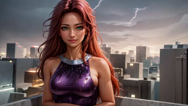 masterpiece, highres, photorealistic, best quality, 8k, best quality, ultra-detailed, perfect lighting, cinematic lighting, 1girl, <lora:CHAR-Starfire:0.7>, starfire, green eyes, portrait, (night:1.2), storm, rain, clouds, thunderstorm, lighting, looking at viewer, smile, upper body, medium breasts, city, lights, (purple clothes:1.2), lightning, dark red hair, wet, sweat, water, wet hair, rooftop, wet clothes, upper body, wet hair,
