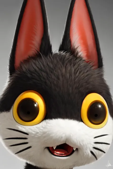 masterpiece, high quality, absurd res, digital media \(artwork\), realistic, cat, by vader-san, punchy, 1boy, furry male, cat boy, face focus, close-up, straight on, upper body, wide-eyed, (detailed eyes, detailed fur:1,2), (open mouth:1.2), :3, :d, no nose, fangs, looking at viewer, black fur, white fur, two tone fur, cat ears, black eyes, yellow sclera, whiskers, simple background, grey background, (8k hd, hdr:1.1) <lora:punchyAC:1>