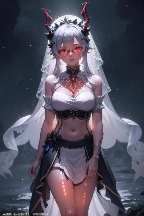(highly detailed:1.3),
1girl, solo, light smile, (long hair:1.1), bangs, (glowing eyes:1.2), (red eyes:1.1), (horns:1.3), white hair,
<lora:wrenchs_genshin_style_outfits:0.9>, wrench_genshin_style, (veins:1.2), navel, midriff, (semi-rimless eyewear:1.3), (weeding dress:1.1), (frills:1.1), (bridal veil:1.2), (bridal garter:1.2),
Ultra-detail, (highres:1.1), best quality, (masterpiece:1.3), cinematic lighting, <lora:EnergyVeins:1.4>, (EnergyVeins:1.4), (glowing:1.4),