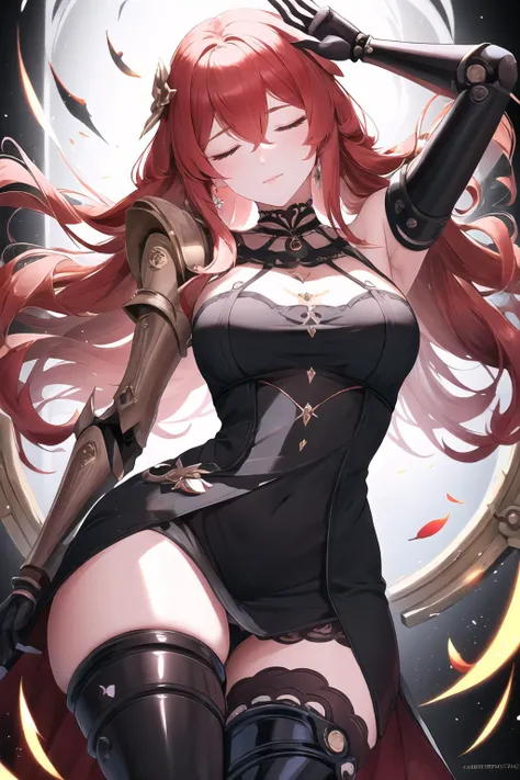 Highly detailed, High Quality, Masterpiece, beautiful, 1girl, wrench_genshin_style, <lora:Outfit_GeshinStyled:1>, Thorn Princess Outfit, black dress, thighhighs, <lora:Outfit_ThornPrincess:0.5>, Malenia, prothestic leg, single mechanical arm, prosthesis, <lora:Char_EldenRing_Malenia:1>, closed eyes,