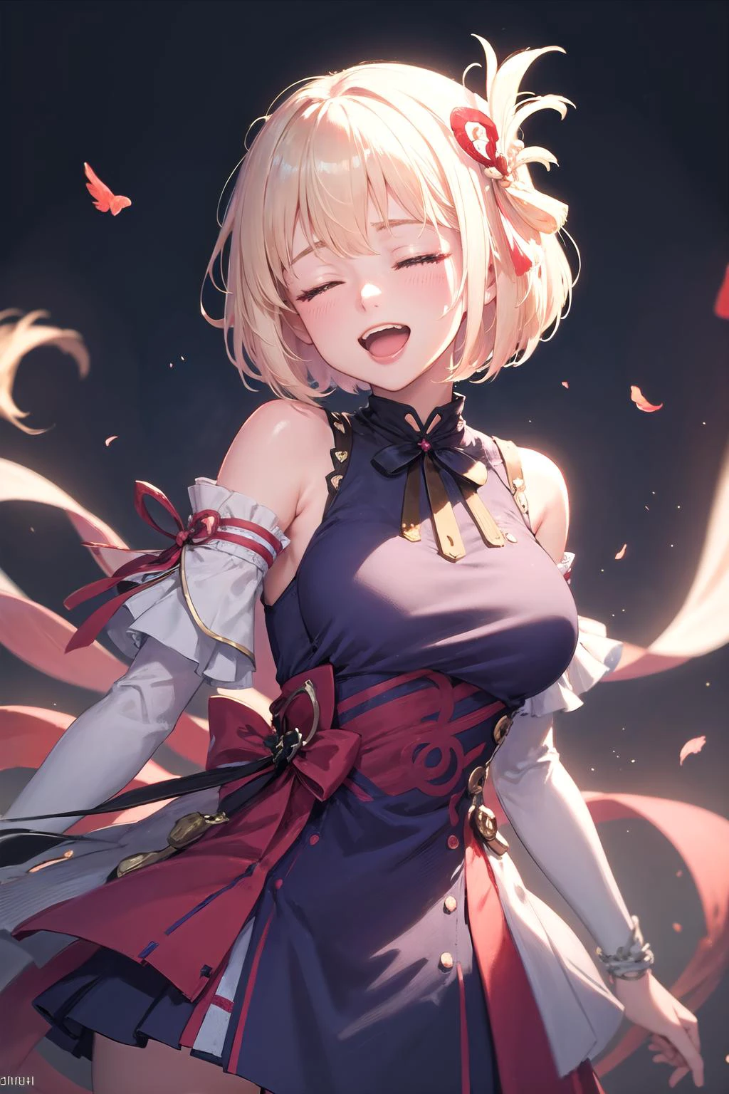(highly detailed:1.3),
1girl, solo, closed eyes, open mouth, (happy:1.1),
<lora:AnzhcChisato DB extract:1>, anzhcchisato,
Ultra-detail, (highres:1.1), best quality, (masterpiece:1.3), cinematic lighting, <lora:wrenchs_genshin_style_outfits:1>, wrench_genshin_style,