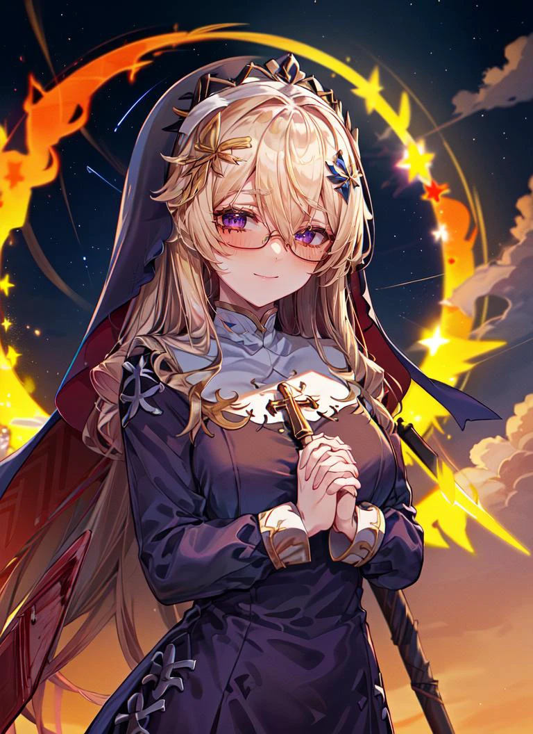 ((best quality)), ((highly detailed)), masterpiece, absurdres, (detailed eyes, deep eyes), <lora:more_details:.5>, (1girl), (glasses), upper body, <lora:wrenchs_genshin_style_outfits:1>, wrench_genshin_style, ((archangel with a fire spear and a shield)), angelic, Cosmic latte hair, (floating hair), purple eyes, large white wings, symmetrical wings, (halo), golden glow, calm smile, long hair, flowing (nun, habit), maxi dress, (cross), (clouds), <lora:prayhands:.8>, prayhands, interlocked fingers, own hands together, (at a resort, night, night sky, stars, blood moon, shooting star, telescope)