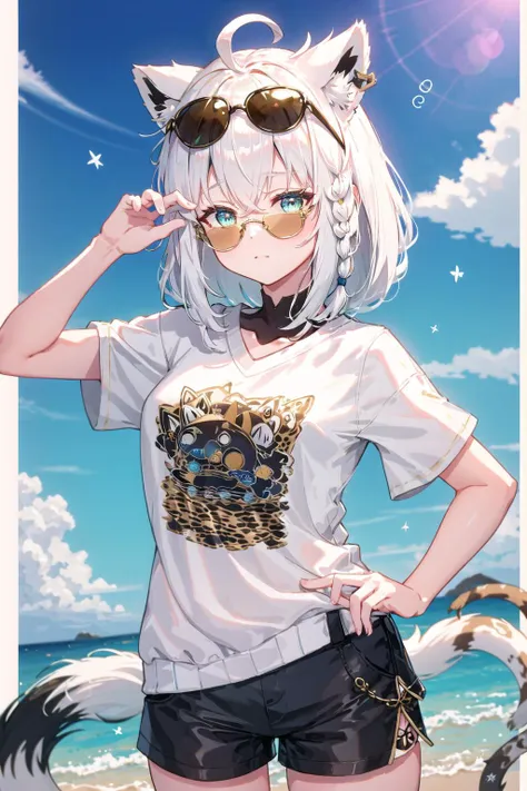 <lora:fubuki:1>, white hair, single side braid, ahoge, fox tail,<lora:wrenchs_genshin_style_outfits:1>,  wrench_genshin_style, coy, gold gym shorts, blue flip-up sunglasses, taut shirt, adjusting eyewear, leopard print