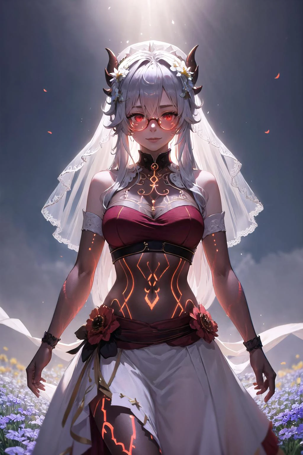 (highly detailed:1.3),
1girl, solo, light smile, (long hair:1.1), bangs, (glowing eyes:1.2), (red eyes:1.1), (horns:1.3), white hair, (sunny day:1.3), (flower field:1.4), (clear sky:1.2), hair flower,
<lora:wrenchs_genshin_style_outfits:0.9>, wrench_genshin_style, (veins:1.5), navel, midriff, (semi-rimless eyewear:1.3), (weeding dress:1.1), (frills:1.1), (bridal veil:1.2), (bridal garter:1.2), (glowing tattoo:1.2),
Ultra-detail, (highres:1.1), best quality, (masterpiece:1.3), cinematic lighting, <lora:EnergyVeins:1.4>, (EnergyVeins:1.4), (glowing:1.4), topless,