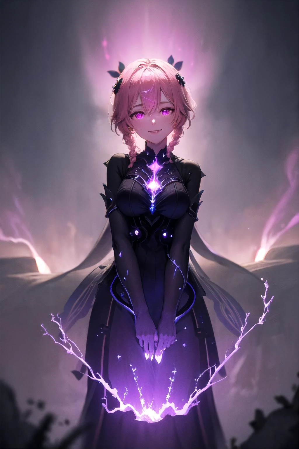 (highly detailed:1.3),
1girl, solo, light smile, (single braid:1.1), bangs, (glowing eyes:1.2), (pink eyes:1.1),
<lora:wrenchs_genshin_style_outfits:1>, wrench_genshin_style,
Ultra-detail, (highres:1.1), best quality, (masterpiece:1.3), cinematic lighting, <lora:EnergyVeins:1.4>, (EnergyVeins:1.4), (glowing:1.4),