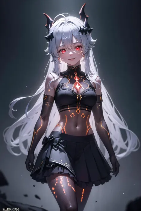 (highly detailed:1.3),
1girl, solo, light smile, (long hair:1.1), bangs, (glowing eyes:1.2), (red eyes:1.1), (horns:1.3), white hair,
<lora:wrenchs_genshin_style_outfits:0.9>, wrench_genshin_style, (veins:1.2), navel, midriff, semi-rimless eyewear, (black skirt:1.1), (frills:1.1), (frilled skirt:1.1),
Ultra-detail, (highres:1.1), best quality, (masterpiece:1.3), cinematic lighting, <lora:EnergyVeins:1.4>, (EnergyVeins:1.4), (glowing:1.4),