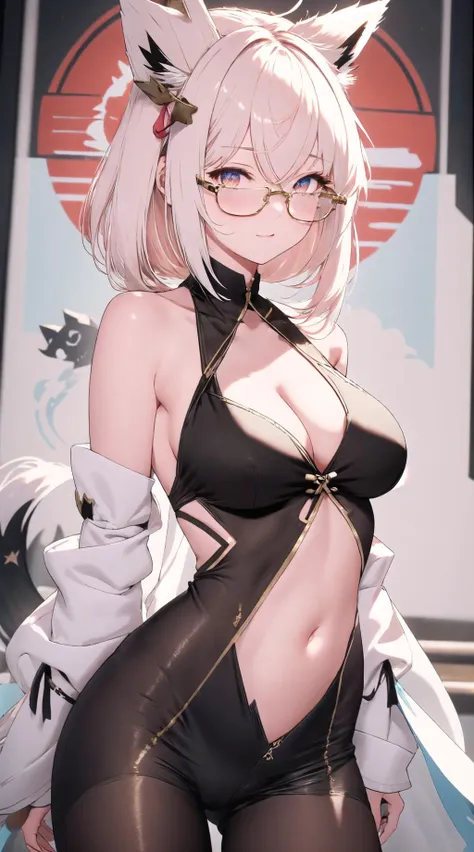 <lora:fubuki:1>, white hair, single side braid, ahoge, fox tail, <lora:wrenchs_genshin_style_outfits:1>, wrench_genshin_style, joyful, gold sarashi, embroidered, cleavage cutout, cleavage cutout, velvet, piercing, pink-framed eyewear, musical note print, triangle print, navel cutout,