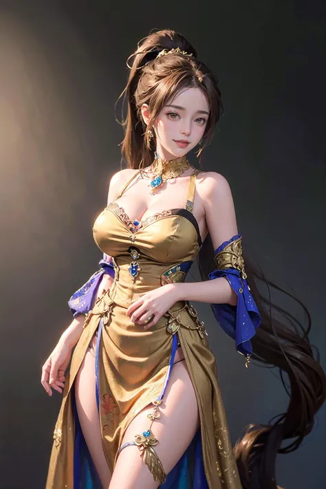 (highly detailed:1.3), simple background, 
1girl, (light smile:1.1), (high ponytail:1.2), (very long hair:1.3), 
[<lora:wrenchs_genshin_style_outfits:0.75>, wrench_genshin_style:<lora:edg_Byzantine:0.85>, edgByz, wearing edgByz fashion, mosaic golden print:0.4], 
Ultra-detail, (highres:1.1), best quality, (masterpiece:1.3), cinematic lighting, (pelvic curtain:1.3), cleavage, large breasts, gown,