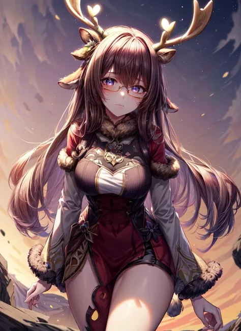 ((best quality)), ((highly detailed)), masterpiece, absurdres, detailed face, beautiful face, (detailed eyes, deep eyes), <lora:more_details:.6>, (1girl), (glasses), Perspective control, dynamic pose, cowboy shot, <lora:wrenchs_genshin_style_outfits:1>, wrench_genshin_style, <lora:hairdetailer:.7>, -((deer girl)), deer ears, deer tail, <lora:deerantlers-12:1>, dearantlers, large deer antlers, fur coat, (on a volcano, morning)