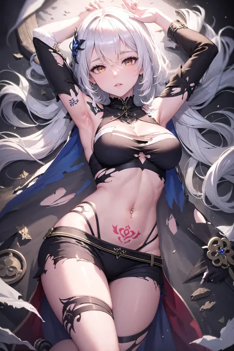 (highly detailed:1.3), 
1girl, solo, confused, white hair, (white eyes:1.2), (medium breasts:1.2), mature female, (torn clothes:1.2), (tattoo:1.2), (navel piercing:1.1), 
<lora:wrenchs_genshin_style_outfits:1>, wrench_genshin_style, 
Ultra-detail, (highres:1.1), best quality, (masterpiece:1.3), cinematic lighting,