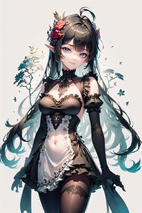 (highly detailed:1.3), 
1girl, solo, (smirk:1.1), (blue eyes:1.2), (black hair:1.2), (medium breasts:1.3), (long hair:1.1), (head tilt:1.1), pointy ears, (asymmetrical bangs:1.2), (messy hair:1.2), (hair ornament:1.2), (hair flower:1.2), 
(frills:1.2), (gothic:1.2), black gothic dress, (gown:1.2), (frilled dress:1.3), (pantyhose:1.1), 
<lora:wrenchs_genshin_style_outfits:1>, wrench_genshin_style, 
Ultra-detail, (highres:1.1), best quality, (masterpiece:1.3), cinematic lighting, <lora:ink-0.1-3-b28-bf16-D128-A1-1-ep64-768-DAdaptation-cosine:1>, white background, scenery, ink,