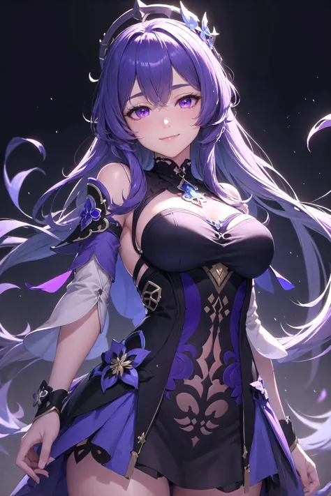 Blue-purple-haired sorceress,She is a dignified and elegant fairy,With a blue-purple pendant and wearing a blue-purple magic dress