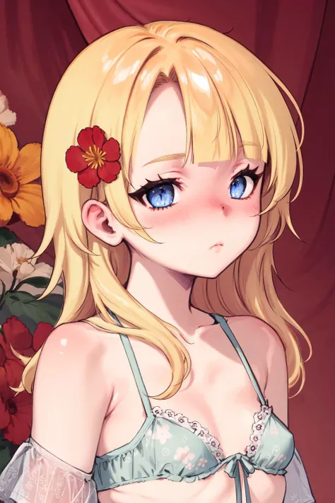 portrait, solo, 1girl, miserable, beige hair, curtained hair, blue eyes, red bandeau, Hanging_Helicona \(flower\), floral background <lora:Nikubou_Maranoshin_style_v01.10.10.01:1>