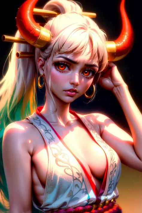 ultra realistic 8k cg, masterpiece, ((ultra detailed background, delicate pattern, intricate detail)), (highly detailed, fine details), best quality, (photorealistic:1.4),beautiful lighting, absurdres, RAW photo, film grain, ((medium breasts, slim girl)), Yamato, long hair, 1girl, horns, white hair, solo, oni, red horns, curled horns, hair ornament, (multicolored horns), jewelry, earrings, japanese clothes, kimono, hair stick, sleeveless, bare shoulders, aqua hair, sidelocks, hoop earrings, hakama, ((orange eyes, slim girl, medium breasts)), (complex detailed background, night time, barren land, moon, portrait, close-up), <lora:Yamato:0.7>, <lora:DetailTweaker:0.5> <lora:BeautifulDetailedEyes:0.5>