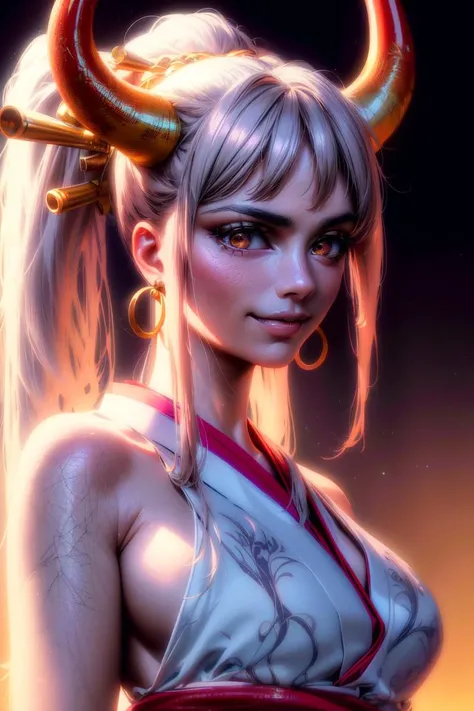 ultra realistic 8k cg, masterpiece, ((ultra detailed background, delicate pattern, intricate detail)), (highly detailed, fine details), best quality, (photorealistic:1.4),beautiful lighting, absurdres, RAW photo, film grain, ((medium breasts, slim girl)), Yamato, long hair, 1girl, horns, white hair, solo, oni, red horns, curled horns, hair ornament, (multicolored horns), jewelry, earrings, japanese clothes, kimono, hair stick, sleeveless, bare shoulders, aqua hair, sidelocks, hoop earrings, hakama, smile, wide smile, ((orange eyes, slim girl, medium breasts)), (complex detailed background, barren land, moon, portrait, close-up), <lora:Yamato:0.7>, <lora:DetailTweaker:0.5> <lora:BeautifulDetailedEyes:0.5>