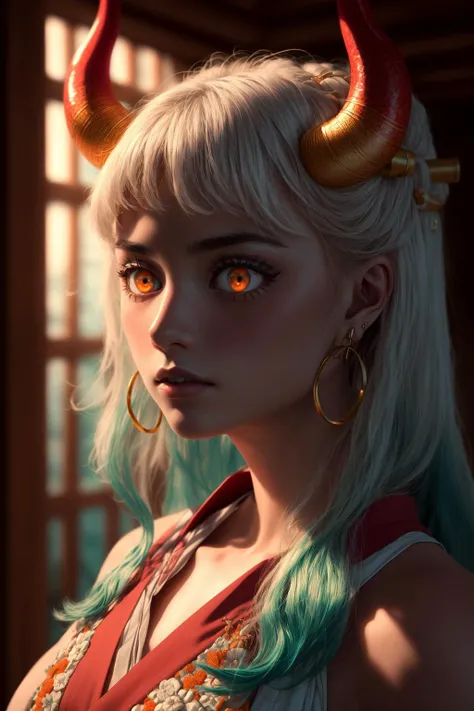 ultra realistic 8k cg, masterpiece, ((ultra detailed background, delicate pattern, intricate detail)), (highly detailed, fine details), best quality, (photorealistic:1.4),beautiful lighting, absurdres, RAW photo, film grain, ((medium breasts, slim girl)), Yamato, long hair, 1girl, horns, white hair, solo, oni, red horns, curled horns, hair ornament, (multicolored horns), jewelry, earrings, japanese clothes, kimono, hair stick, sleeveless, bare shoulders, aqua hair, sidelocks, hoop earrings, hakama, ((orange eyes, slim girl, medium breasts)), (complex detailed background, inside, japanese house, shrine, close-up, portrait, bright lighting), <lora:Yamato:0.7>, <lora:DetailTweaker:0.5> <lora:BeautifulDetailedEyes:0.5>