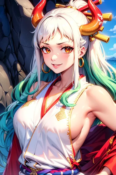 masterpiece, ((ultra detailed background, delicate pattern, intricate detail)), (highly detailed, fine details), best quality,beautiful lighting, (((medium breasts, slim girl, very slim girl))), (close-up, portrait),  YamatoV2, long hair, 1girl, horns, white hair, solo, oni, red horns, curled horns, hair ornament, (multicolored horns), jewelry, earrings, japanese clothes, kimono, hair stick, sleeveless, bare shoulders, aqua hair, sidelocks, hoop earrings, hakama, smile, wide smile, ((orange eyes)), complex detailed background, outside, nature environment, rocks, sunny, blue sky, sky, <lora:YamatoV2Nine:0.75>