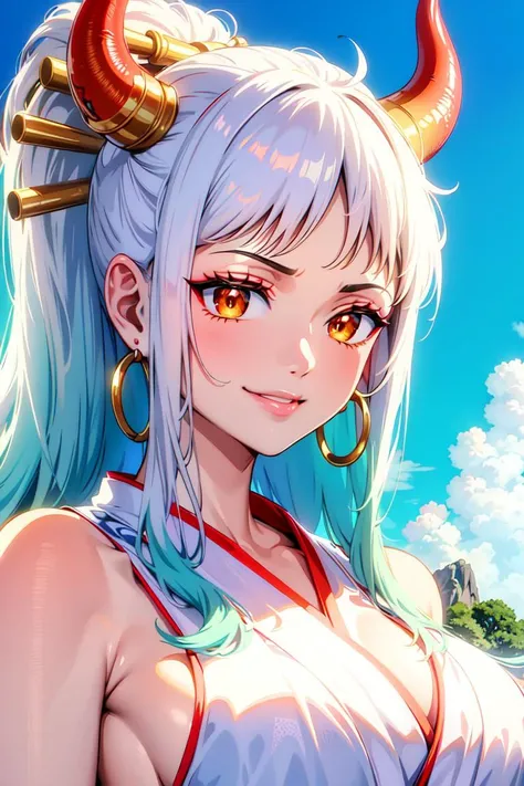 masterpiece, ((ultra detailed background, delicate pattern, intricate detail)), (highly detailed, fine details), best quality,beautiful lighting, (((medium breasts, slim girl, very slim girl))), (close-up, portrait), YamatoV2, long hair, 1girl, horns, white hair, solo, oni, red horns, curled horns, hair ornament, (multicolored horns), jewelry, earrings, japanese clothes, kimono, hair stick, sleeveless, bare shoulders, aqua hair, sidelocks, hoop earrings, hakama, smile, wide smile, ((orange eyes)), complex detailed background, outside, nature environment, rocks, sunny, blue sky, sky, <lora:YamatoV2Nine:0.75>