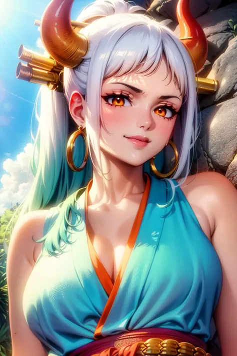 masterpiece, ((ultra detailed background, delicate pattern, intricate detail)), (highly detailed, fine details), best quality,beautiful lighting, (((medium breasts, slim girl, very slim girl))), (close-up, portrait),  YamatoV2, long hair, 1girl, horns, white hair, solo, oni, red horns, curled horns, hair ornament, (multicolored horns), jewelry, earrings, japanese clothes, kimono, hair stick, sleeveless, bare shoulders, aqua hair, sidelocks, hoop earrings, hakama, smile, wide smile, ((orange eyes)), complex detailed background, outside, nature environment, rocks, sunny, blue sky, sky, <lora:YamatoV2Nine:0.75>