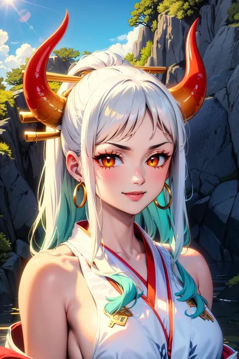 masterpiece, ((ultra detailed background, delicate pattern, intricate detail)), (highly detailed, fine details), best quality,beautiful lighting, (((medium breasts, slim girl, very slim girl))), (close-up, portrait), YamatoV2, long hair, 1girl, horns, white hair, solo, oni, red horns, curled horns, hair ornament, (multicolored horns), jewelry, earrings, japanese clothes, kimono, hair stick, sleeveless, bare shoulders, aqua hair, sidelocks, hoop earrings, hakama, smile, wide smile, ((orange eyes)), complex detailed background, outside, nature environment, rocks, sunny, blue sky, sky, <lora:YamatoV2Nine:0.75>