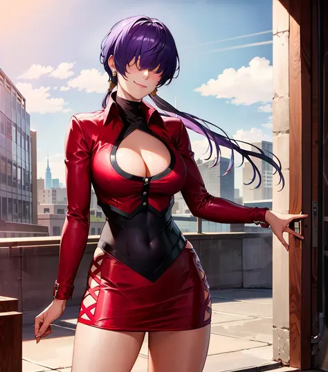 masterpiece, best quality, highres, she1, (purple hair over eyes:1.1), split ponytail, clothing cutout, earrings, jewelry, miniskirt, red skirt, leotard, red jacket, long sleeves, <lora:shermie_v10:0.7>, cowboy shot, standing,smile,closed mouth, outdoors,