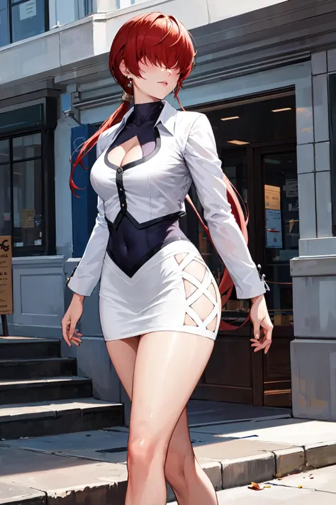 masterpiece, best quality, highres, she1, (hair over eyes:1.1), split ponytail, clothing cutout, earrings, jewelry, miniskirt, white skirt, leotard, white jacket, long sleeves, <lora:shermie_v10:0.7>, cowboy shot, standing, walking