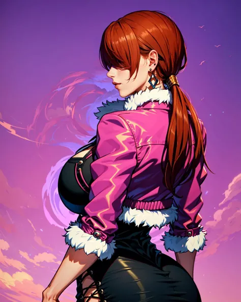 medium shot photo of 1 she1, (dynamic pose), back view,
hair over eyes, earrings, jewelry, cleavage, split ponytail, pink jacket,  fur trim, black dress, 
huge breast, narrow waist, wide pelvic, thigh, 
otaku_room <lora:shermie_v10:0.7>