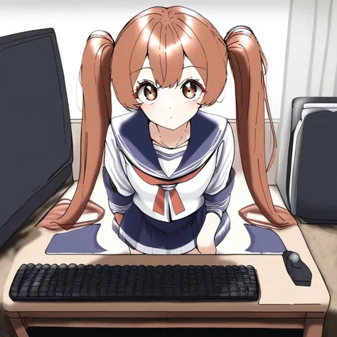 1girl, auburn-brown hair, long hair, twintails, auburn-brown eyes, medium-sized chest, serafuku, bedroom, looking at viewer, computer desk, computer, computer monitor, computer mouse, computer keyboard