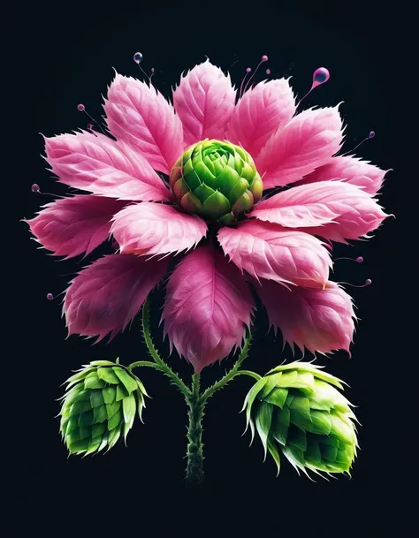 Ink illustration, bioluminescent pink flower, fabulous night forest, magical radiance, Concept art,depth of fieldm, realistic, cinematic lighting, soft shadows,fractal, colorful, depth of field , vivid colors, volumetric lighting, ink stains, ink splatters, ink runs, ink spots, faded ink <lora:ral-hops:1> ral-hops