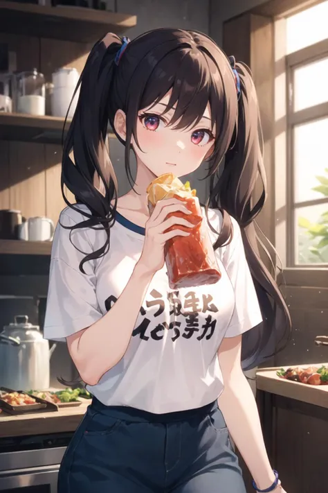 1girl, casual clothes, skirt, t-shirt, twintails, long hair, short sleeves, indoors, holding food, standing