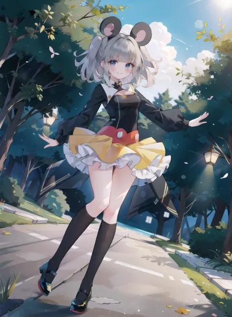1girl,solo,mickey_mouse,in forest,mickey mouse ears, mickey,full body,smile,dance,Dutch angle
<lora:mickey_mouse_v10-10:0.8>