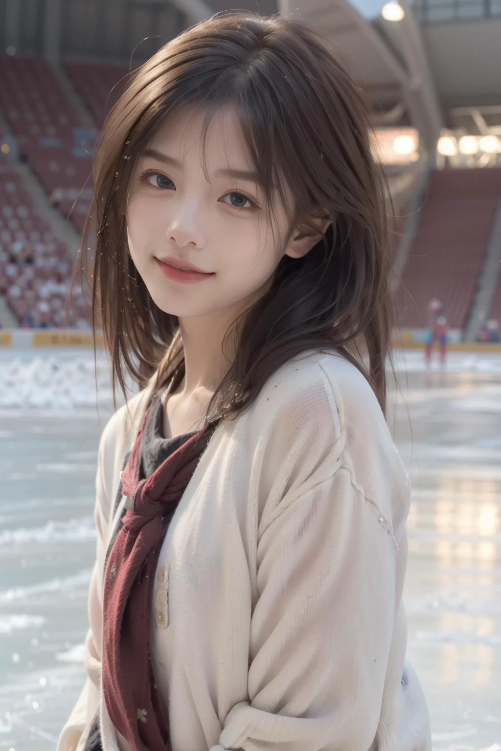 Best quality, masterpiece, ultra high res, (photorealistic:1.4), raw photo, (RAW photo, best quality), (realistic, photo-realistic:1.3), extremely delicate and beautiful, Amazing, finely detail, masterpiece, ultra-detailed, highres,best illustration, best shadow,intricate,depth of field, sharp focus, volumetric fog, 8k UHD, DSLR, high quality,( film grain:1.4), Canon EOS RP, 8k, 85mm
((age focus)), looking at viewer, solo, 1girl, ((stadium, ice rink)), (warm smile), full body, (ice rink interior:1.2), (skating:1.2), (jk_style,jk,school uniform),