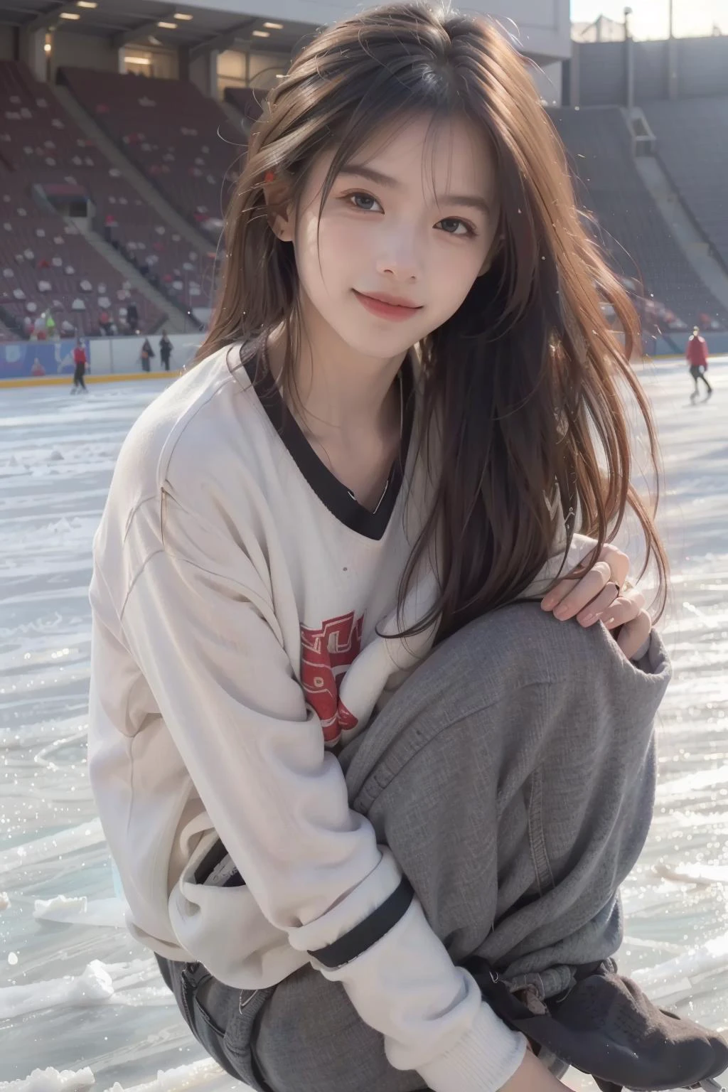 Best quality, masterpiece, ultra high res, (photorealistic:1.4), raw photo, (RAW photo, best quality), (realistic, photo-realistic:1.3), extremely delicate and beautiful, Amazing, finely detail, masterpiece, ultra-detailed, highres,best illustration, best shadow,intricate,depth of field, sharp focus, volumetric fog, 8k UHD, DSLR, high quality,( film grain:1.4), Canon EOS RP, 8k, 85mm
((age focus)), looking at viewer, solo, 1girl, ((stadium, ice rink)), (warm smile), full body, (ice rink interior:1.2), (skating:1.2), (jk_style,jk,school uniform),