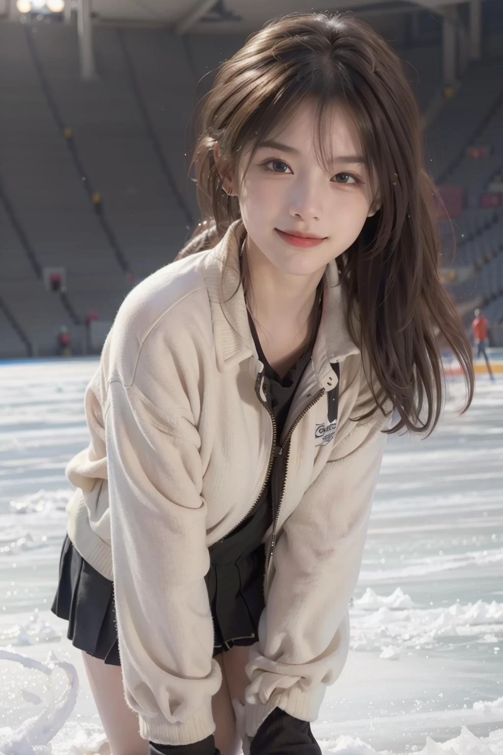 Best quality, masterpiece, ultra high res, (photorealistic:1.4), raw photo, (RAW photo, best quality), (realistic, photo-realistic:1.3), extremely delicate and beautiful, Amazing, finely detail, masterpiece, ultra-detailed, highres,best illustration, best shadow,intricate,depth of field, sharp focus, volumetric fog, 8k UHD, DSLR, high quality,( film grain:1.4), Canon EOS RP, 8k, 85mm
((age focus)), looking at viewer, solo, 1girl, ((stadium, ice rink)), (warm smile), full body, (ice rink interior:1.2), (skating:1.2), (jk_style,jk,school uniform),