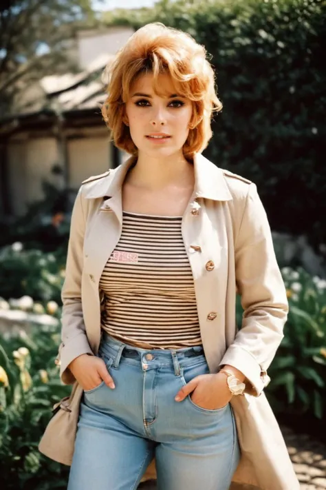 analog film photo ((light theme)), <lora:[UK]_-_Jill_St_John_XL:1> mt-jillstjohn, solo, (looking at viewer), realistic lighting, (blonde), (detailed skin), (detailed face), (happy:1.5), (Striped Breton top, Boyfriend jeans, Ballet flats, Trench coat, Crossbody bag, Classic watch:1.4), (country cottage, quaint charm, flower-filled garden, cozy:1.5)
BREAK
(dynamic pose)
BREAK
masterpiece, zstyle, extremely detailed, best quality, ultra-detailed, ultra high res, (photorealistic:1.4), raw photo, (realistic:0.2), 8k HDR, 1girl, bokeh, f1.4, 40mm, photorealistic, raw, 8k, textured skin, skin pores, intricate details, <lora:ZStyle_-_Photography_Style_SDXL:0.4> <lora:extremely_detailed:0.8>  . faded film, desaturated, 35mm photo, grainy, vignette, vintage, Kodachrome, Lomography, stained, highly detailed, found footage