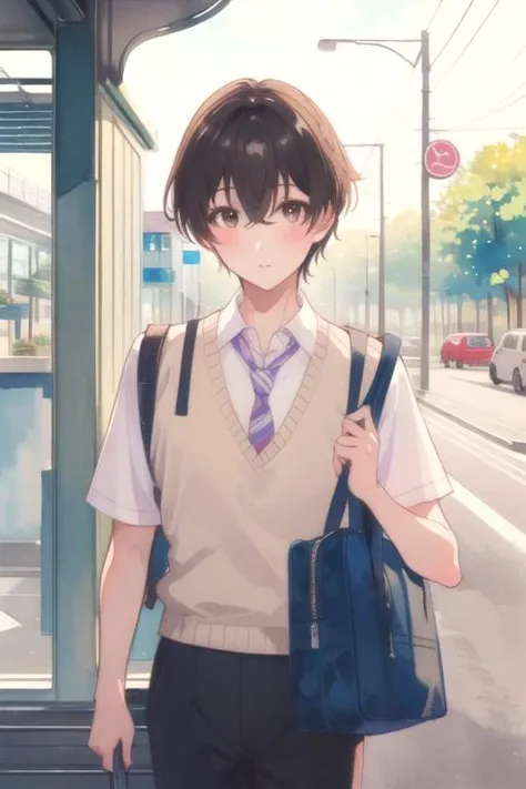 (best quality:1.1), (masterpiece:1.4), photorealistic, 1boy, solo, male focus, looking at viewer, , , (watercolor illustration, soft pastel colors:1.1), realistic, <lora:ryuuto_kashima:0.96>, ryuuto_kashima, black hair, brown eyes, renaissance costume, bus stop, HDR