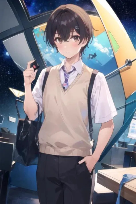 (best quality:1.1), (masterpiece:1.4), movie still, 1boy, solo, male focus, looking at viewer, , , ligne claire, , <lora:ryuuto_kashima:0.9>, ryuuto_kashima, black hair, brown eyes, , space opera,