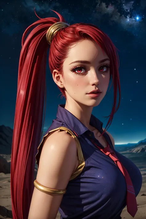 (ultra realistic,32k, masterpiece:1.2),(high detailed skin:1.1),( high quality:1.1),
<lora:Sera:0.8>long hair, red hair, side ponytail, (red eyes:0.8), blue shirt, shorts, sleeveless, gold armlet, red tie , <lora:add_detail:0.92>,(huge breast:0.9),(looking at viewer, portrait:1.1),, mascara,
,(ambient lighting:1.1), A place on moon with earth in background, stars, night, nebula