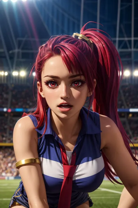 (ultra realistic,32k, masterpiece:1.2),(high detailed skin:1.1),( high quality:1.1),
<lora:Sera:0.8>long hair, red hair, side ponytail, (red eyes:0.8), blue shirt, shorts, sleeveless, gold armlet, red tie , <lora:add_detail:0.76>,(huge breast:0.9),(looking at viewer, Bend forward:1.1),, mascara,
,(refraction:1.1), stadium, roaring crowd, cheering fans, sporting event