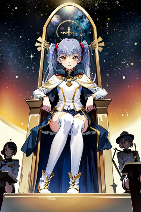 best quality, masterpiece, 
, ruri2, 
twintails, young girl, , petite girl, silver hair, yellow eyes, small breasts, 
, aroused, thighhighs, 
hair_ornament,sitting, (((throne))),symmetrical pose, (((from below))),  conqueror, commanding,
throne room,
science fiction, 
captain, ((Shipbridge)), space ship control room, bridge of a space ship, boots, admiral,