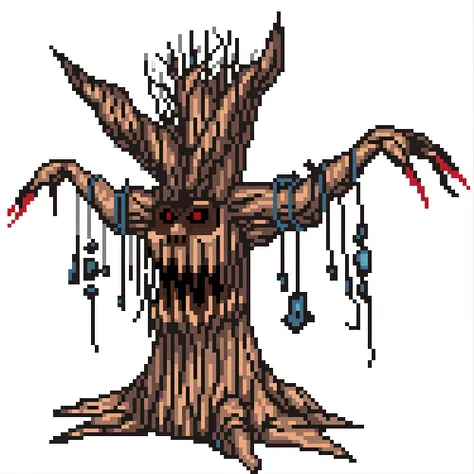 ominous tree with demonic face, pixel art,