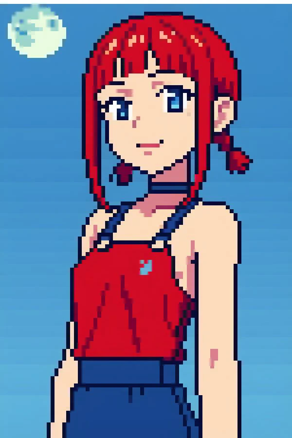 pixel art, 1girl, Chise, blue eyes, mole, red hair, solo, mole under mouth, braid, o-ring, twin braids, bare shoulders, outdoors, building, halterneck, upper body, o-ring top, bangs, blunt bangs, smile, shirt, twintails, short hair, red shirt, day, choker, sleeveless, gradient hair,((best quality)),((highly detailed)),masterpiece,absurdres, <lora:animemix_v3_offset:0.8> <lora:HerrscherAGGA2023_small_Strokes_V1:0.8> AGGA_ST020 <lora:ChiseV1:0.8>