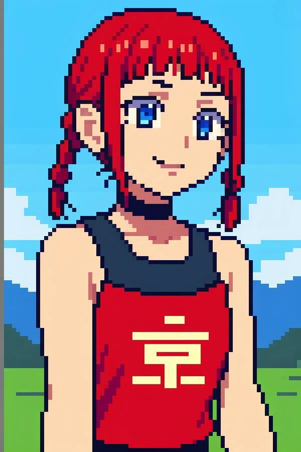 pixel art, 1girl, Chise, blue eyes, mole, red hair, solo, mole under mouth, braid, o-ring, twin braids, bare shoulders, outdoors, building, halterneck, upper body, o-ring top, bangs, blunt bangs, smile, shirt, twintails, short hair, red shirt, day, choker, sleeveless, gradient hair,((best quality)),((highly detailed)),masterpiece,absurdres, <lora:animemix_v3_offset:0.8> <lora:HerrscherAGGA2023_small_Strokes_V1:0.8> AGGA_ST020 <lora:ChiseV1:0.8>
